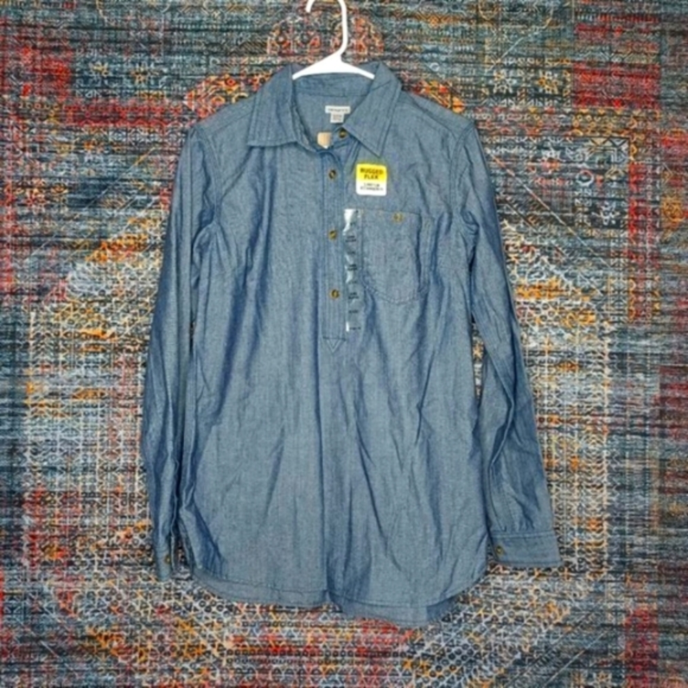 Carhartt womens blue chambray Rugged Flex durable stretch work shirt S NWT